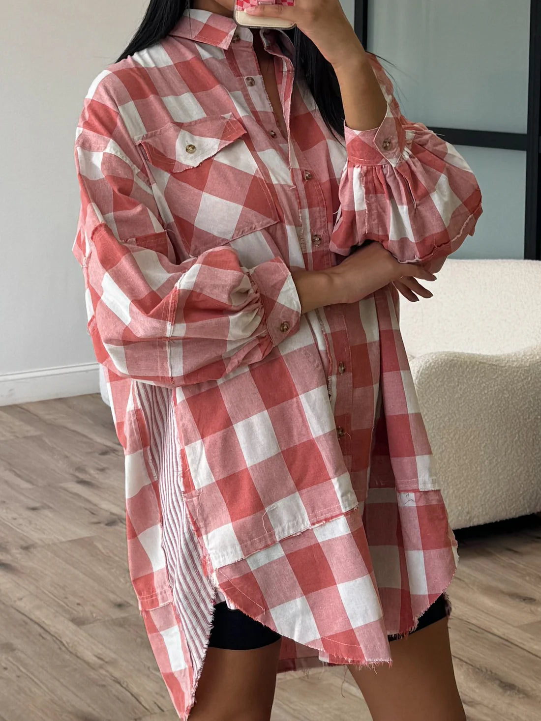 Plaid Collared Neck Long Sleeve Shirt Dress - Classique Collection