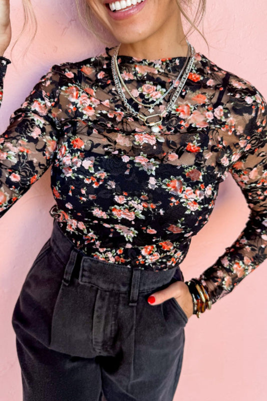Floral Round Neck Long Sleeve Blouse - Classique Collection
