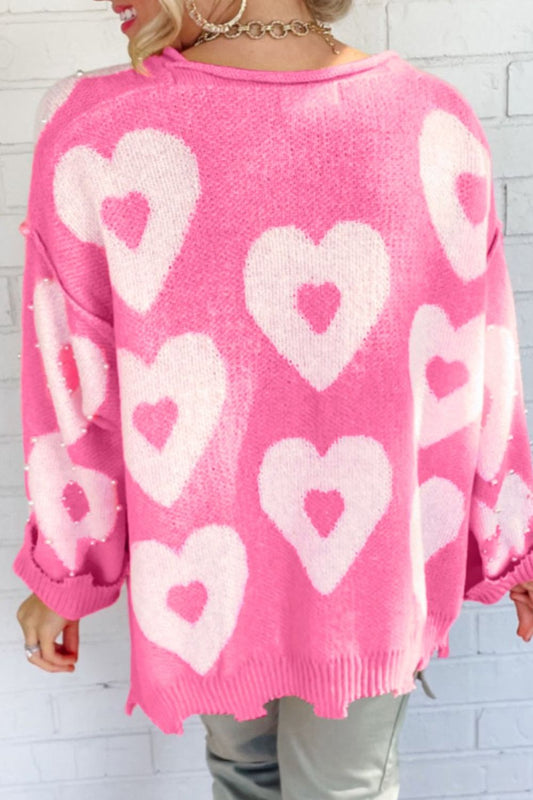 Pearl Detail Heart Round Neck Long Sleeve Sweater - ClassiQ