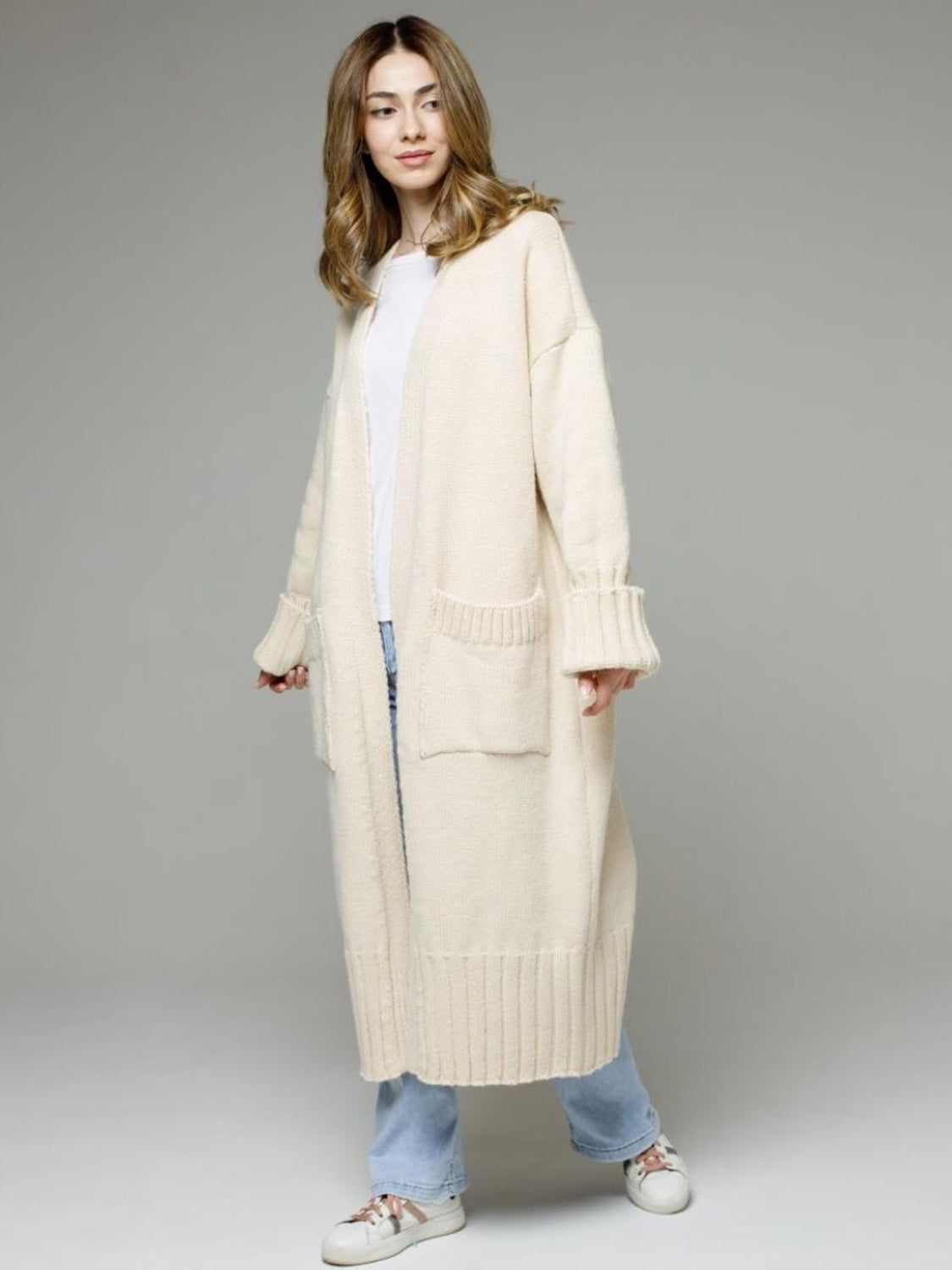 Pocketed Open Front Dropped Shoulder Cardigan - Classique Collection