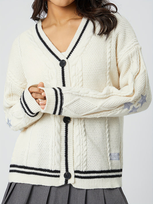 Star Embroidered V-Neck Long Sleeve Cardigan - ClassiQ