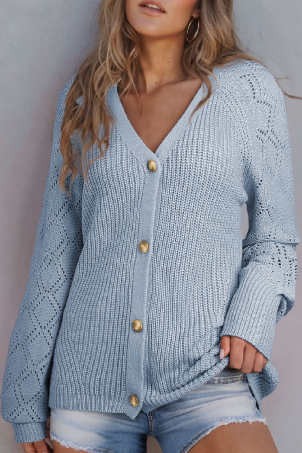 Openwork V-Neck Button Up Cardigan - ClassiQ