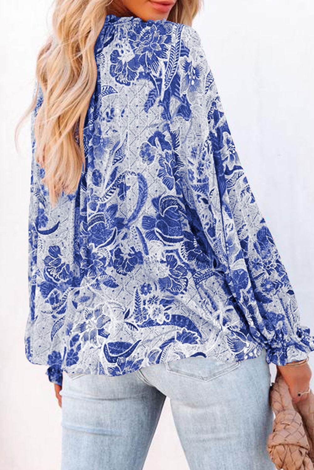 Floral Tie Neck Flounce Sleeve Blouse - Classique Collection