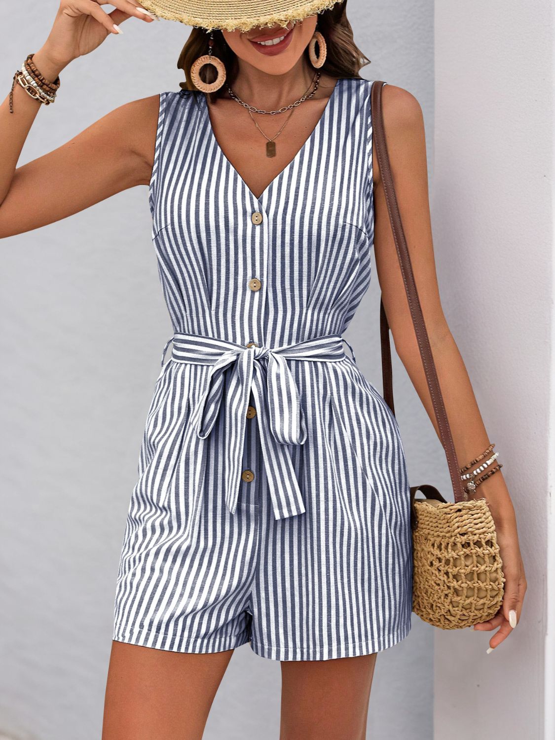Perfee Striped V-Neck Tie Waist Romper - ClassiQ