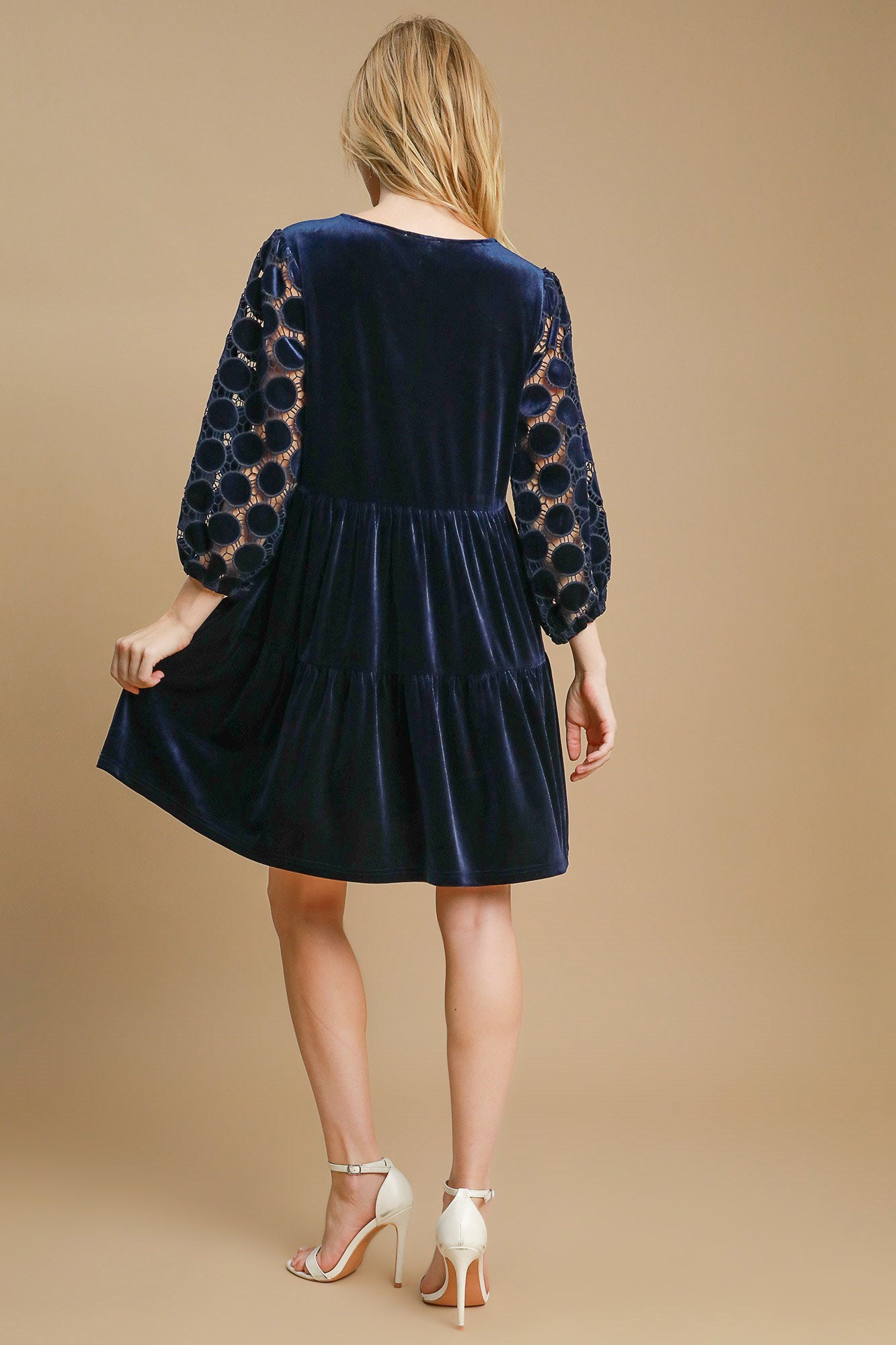 Umgee Dotted Lace Sleeve Tiered Velvet Mini Dress - Classique Collection