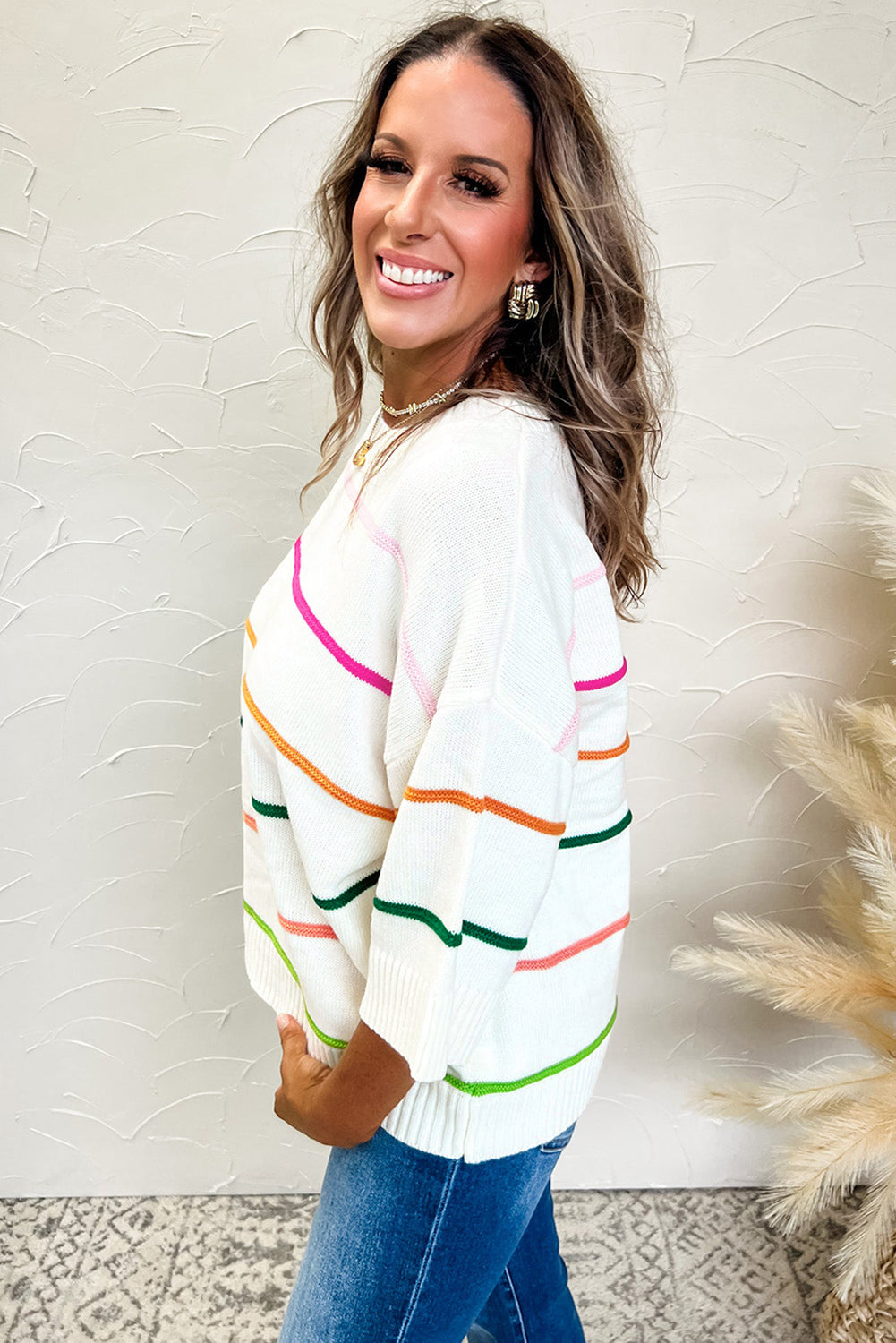 Striped Half Sleeve Drop Shoulder Sweater - Classique Collection