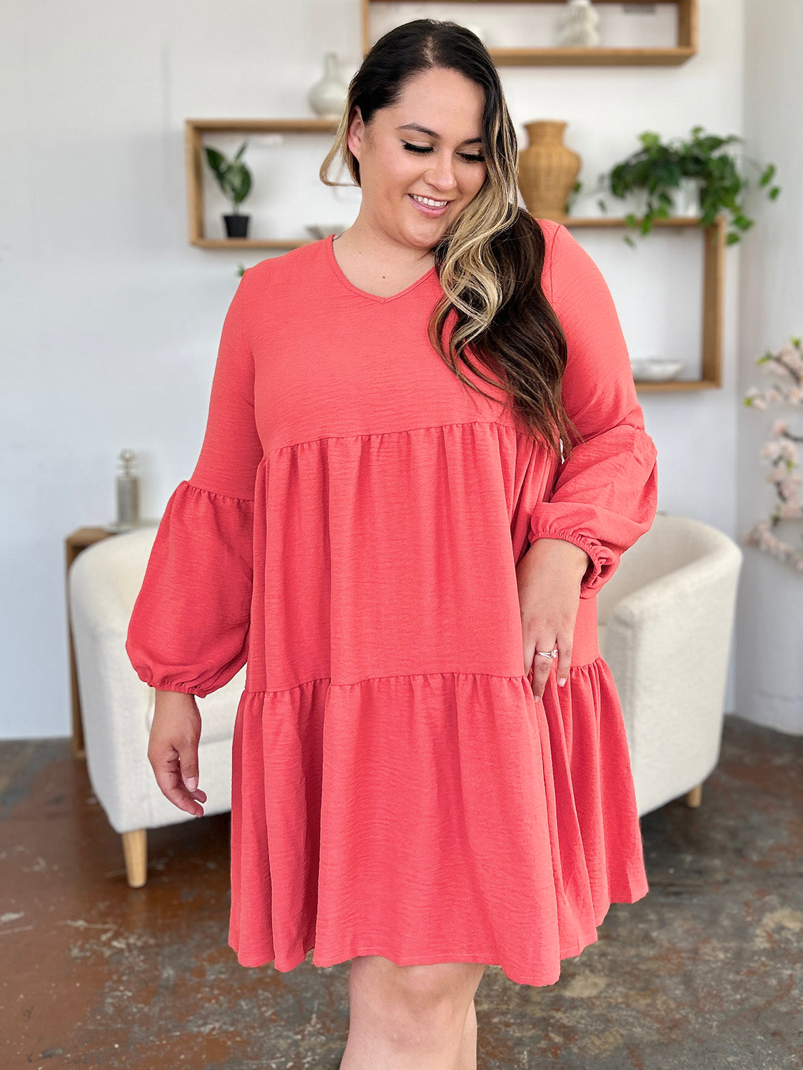 Double Take Full Size V-Neck Balloon Sleeve Tiered Dress with Pockets - Classique Collection