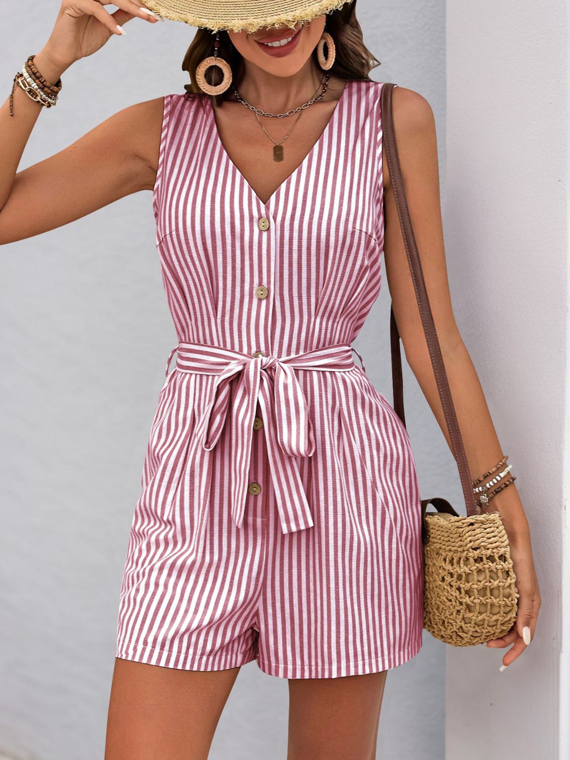 Perfee Striped V-Neck Tie Waist Romper - ClassiQ
