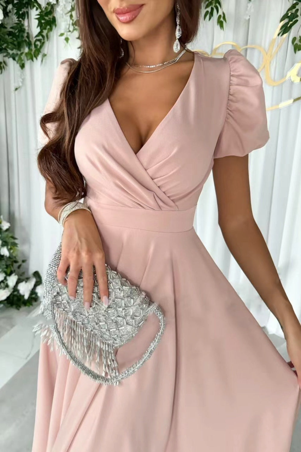 Surplice Puff Sleeve Midi Dress - Classique Collection