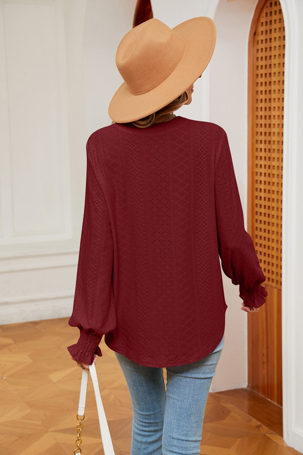 Notched Neck Flounce Sleeve Blouse - Classique Collection