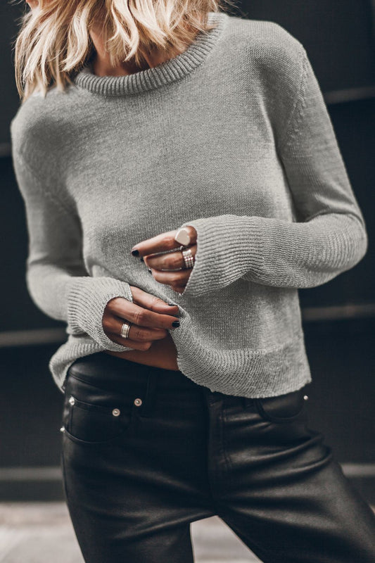 Ribbed Hem Round Neck Long Sleeve Sweater - Classique Collection