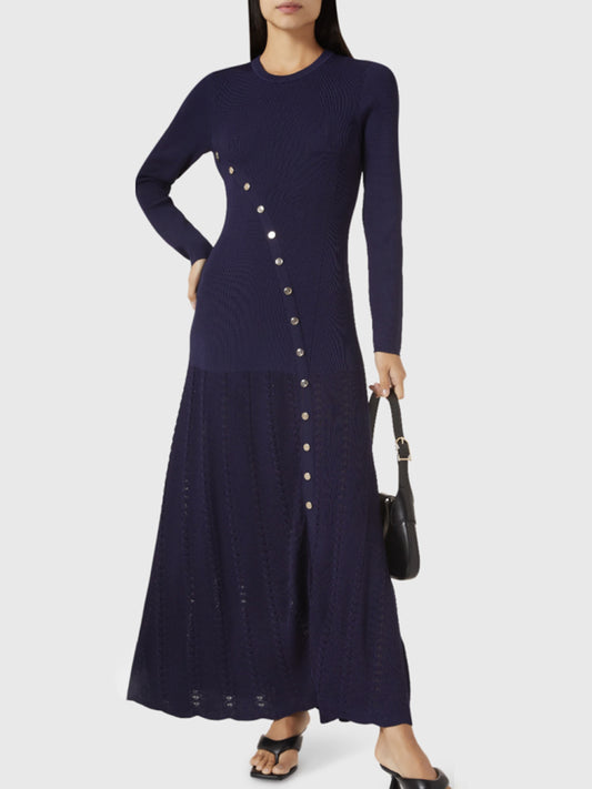 Openwork Round Neck Long Sleeve Sweater Dress - Classique Collection