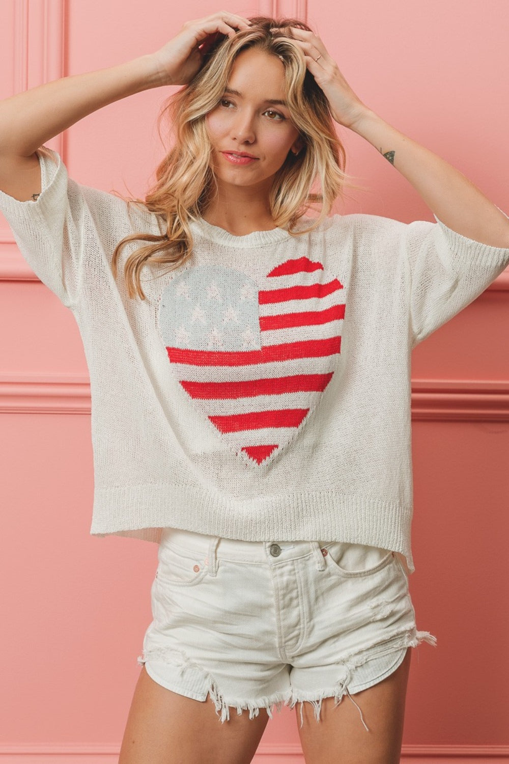 BiBi Striped Heart Contrast Knit Top - ClassiQ