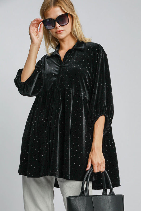 Umgee Full Size Polka Dot Button Up Half Sleeve Shirt - Classique Collection
