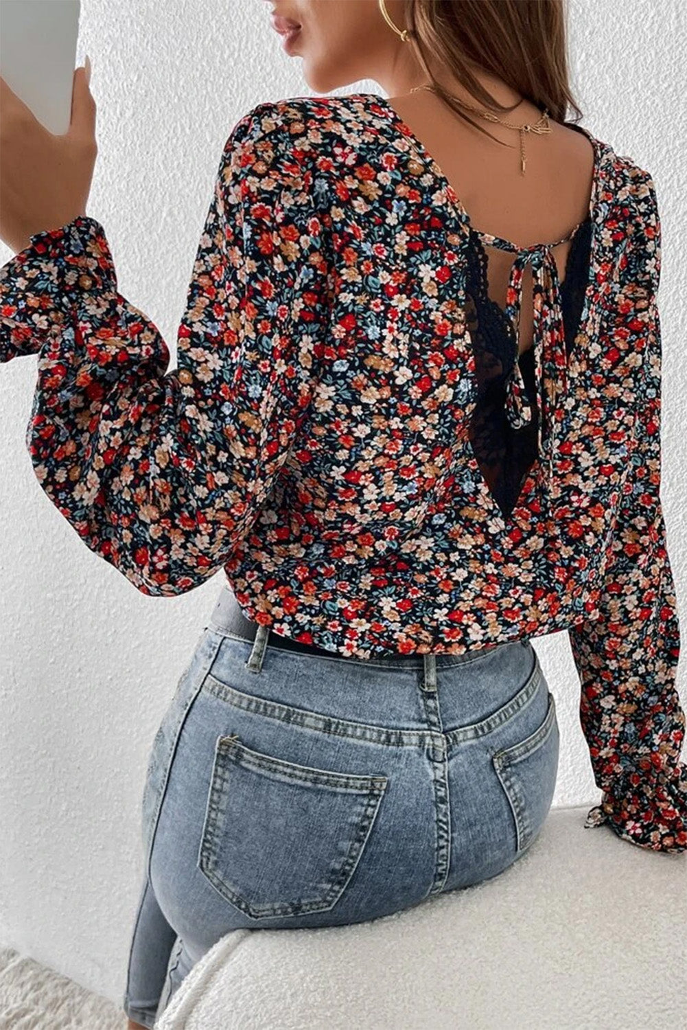 V-Neck Printed Long Sleeve Blouse - Classique Collection