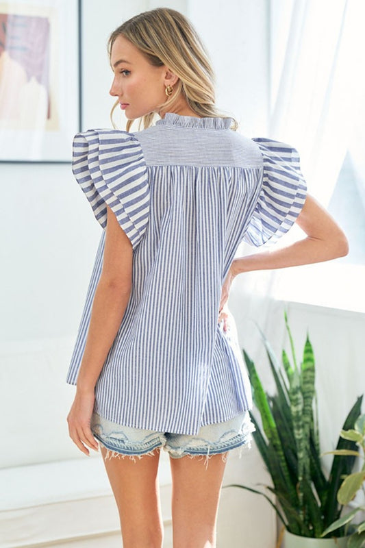 First Love Full Size Striped Flutter Sleeve Blouse - ClassiQ