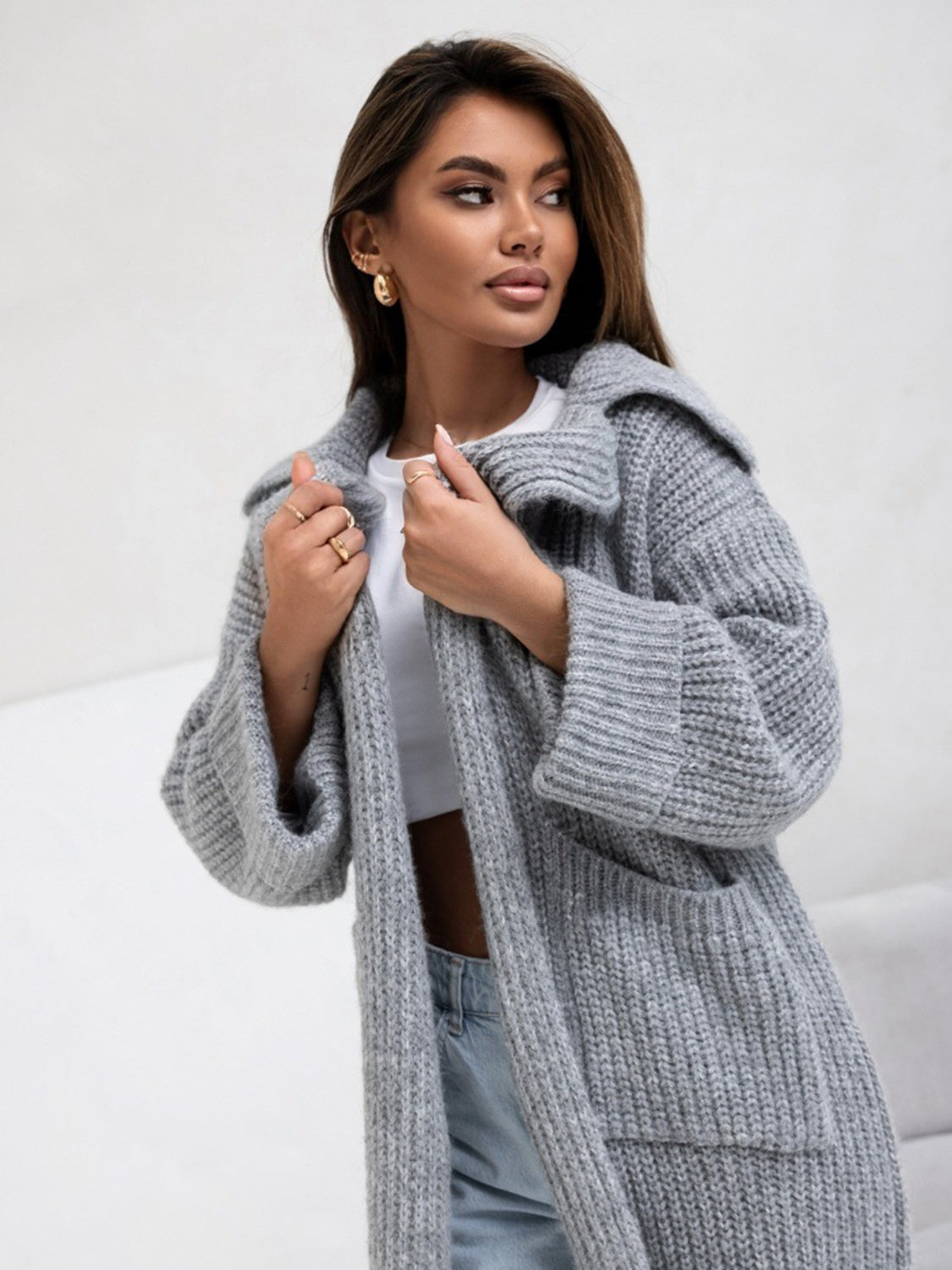 Pocketed Collared Neck Dropped Shoulder Cardigan - ClassiQ