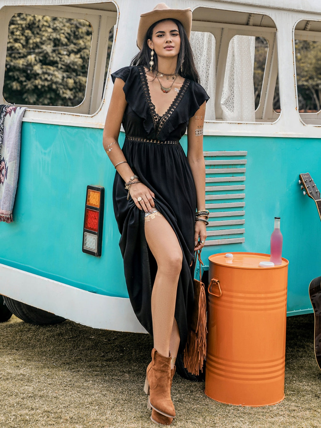 Lace Detail Plunge Cap Sleeve Midi Dress - Classique Collection