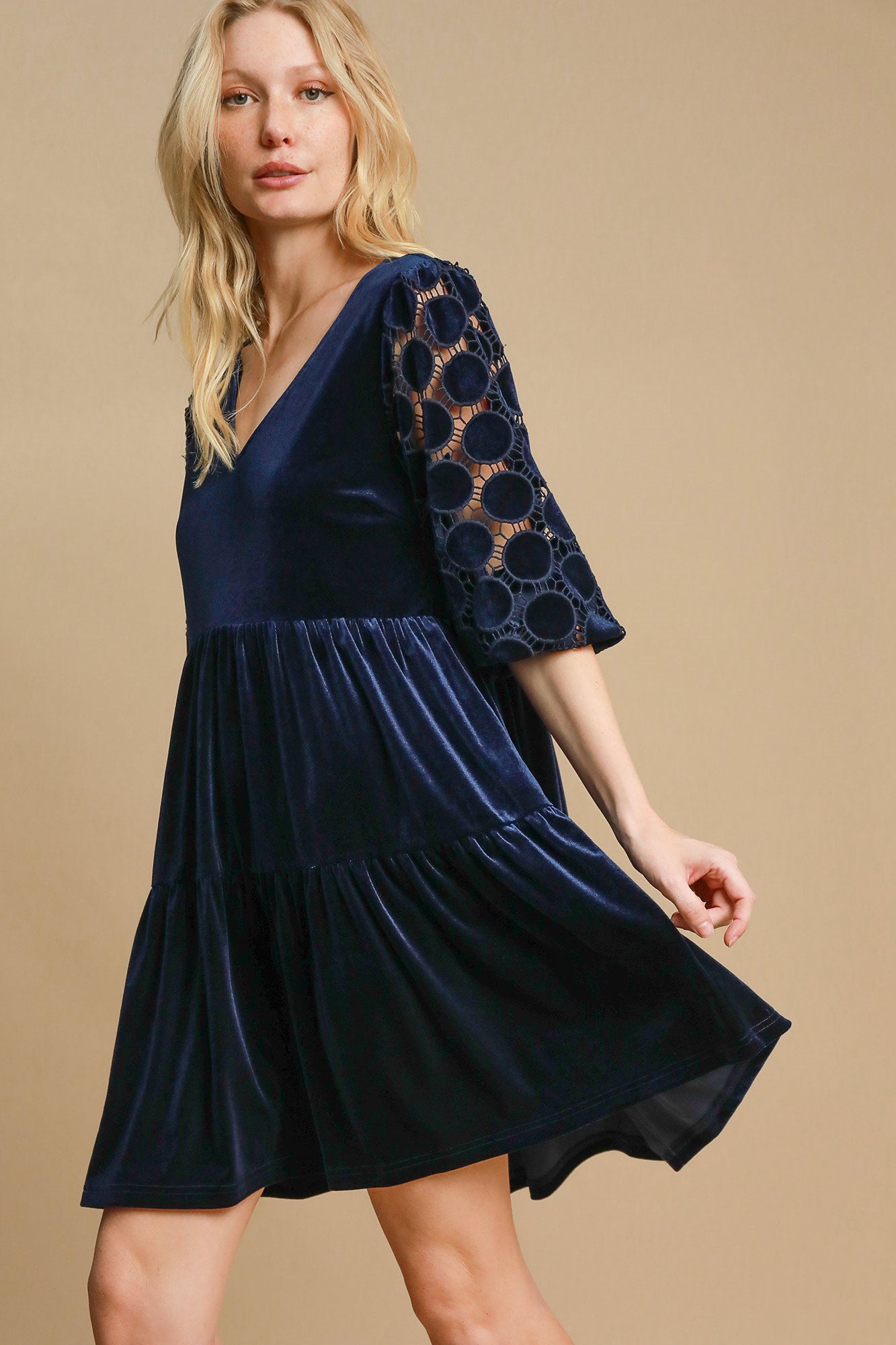Umgee Dotted Lace Sleeve Tiered Velvet Mini Dress - Classique Collection