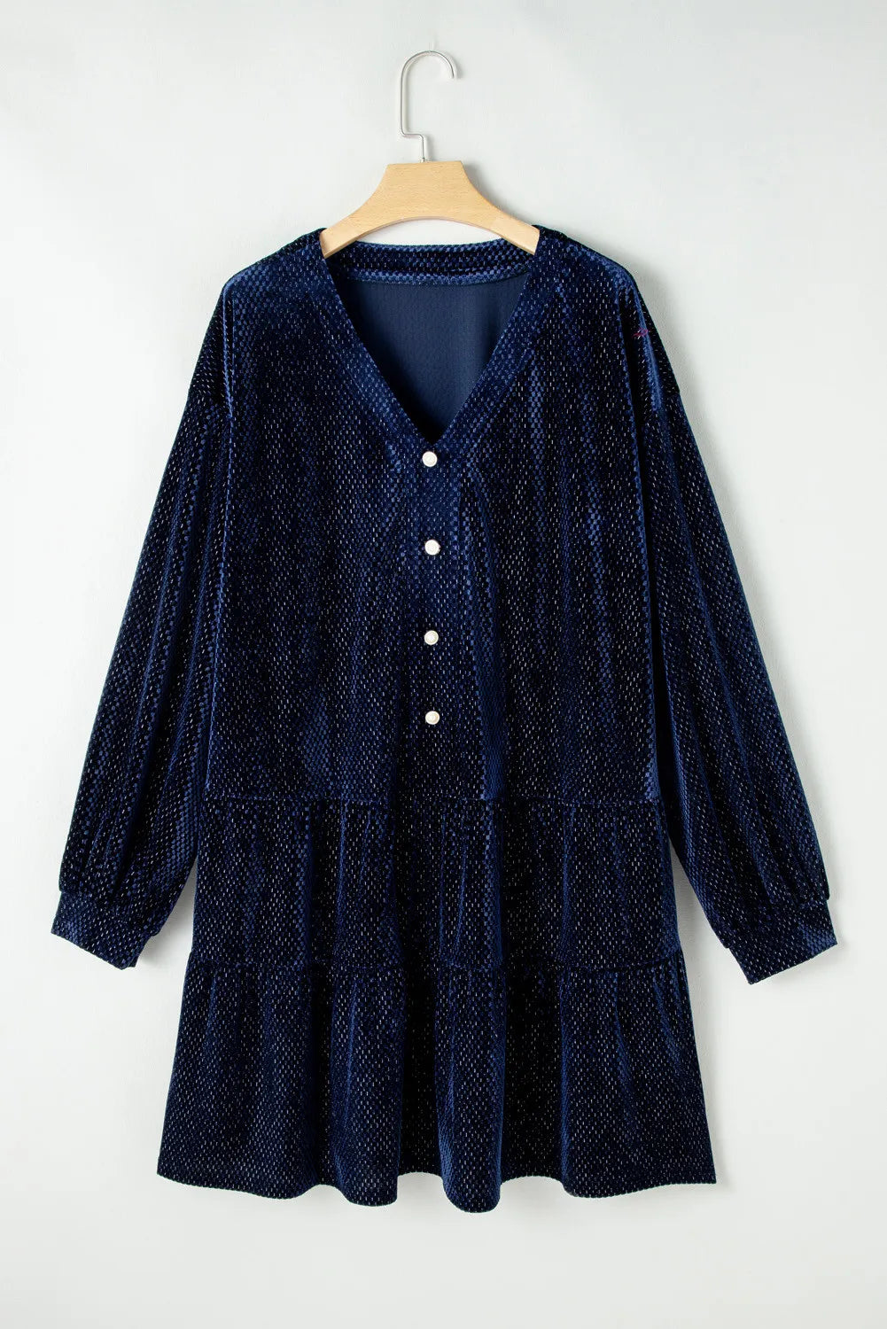 Plus Size Textured Velvet Decorative Button Long Sleeve Dress - Classique Collection