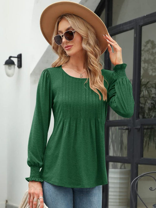 Smocked Round Neck Lantern Sleeve Blouse - Classique Collection
