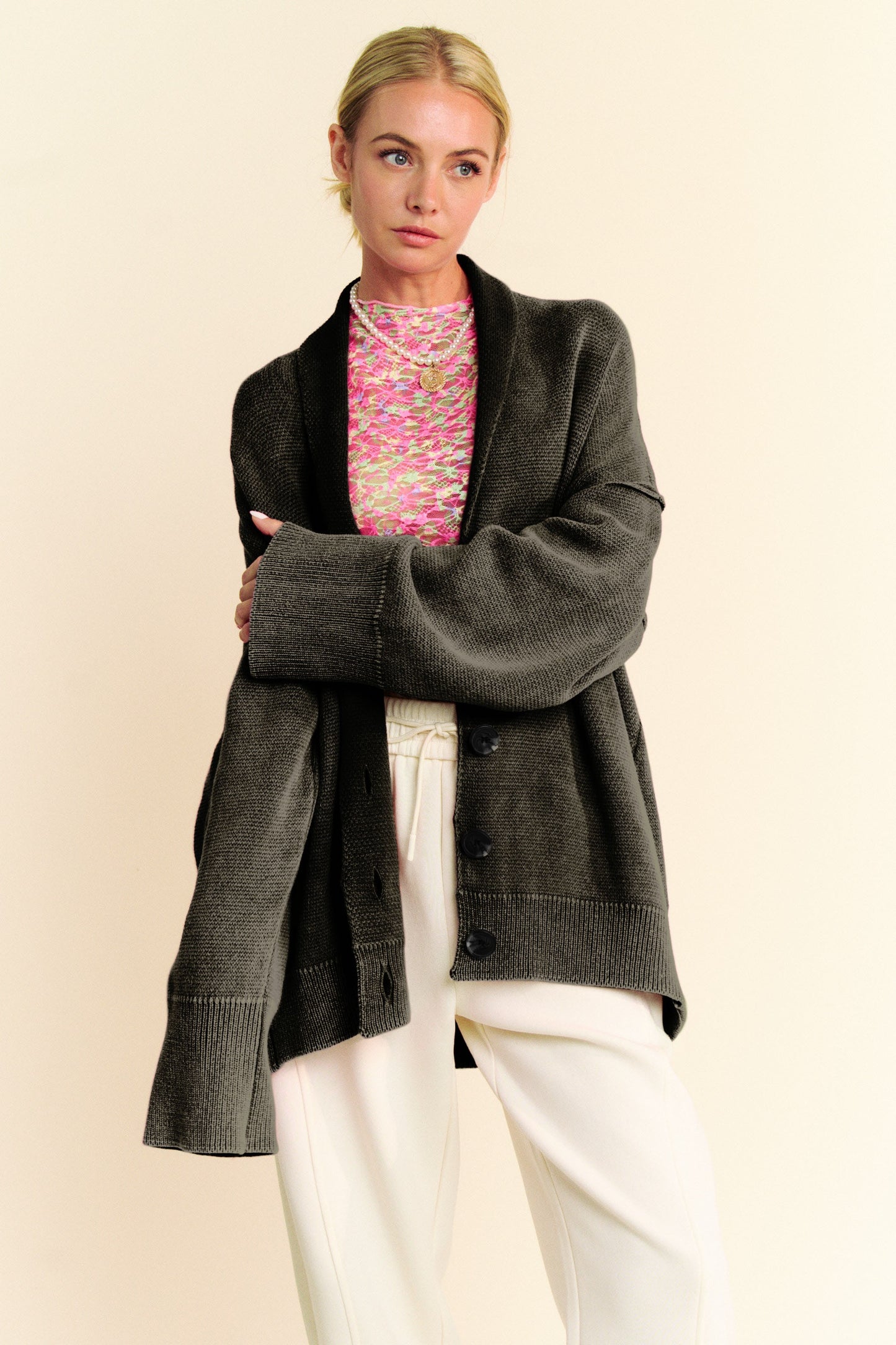 Davi & Dani Shawl Collar Ribbed Detail Button Up Cardigan - Classique Collection