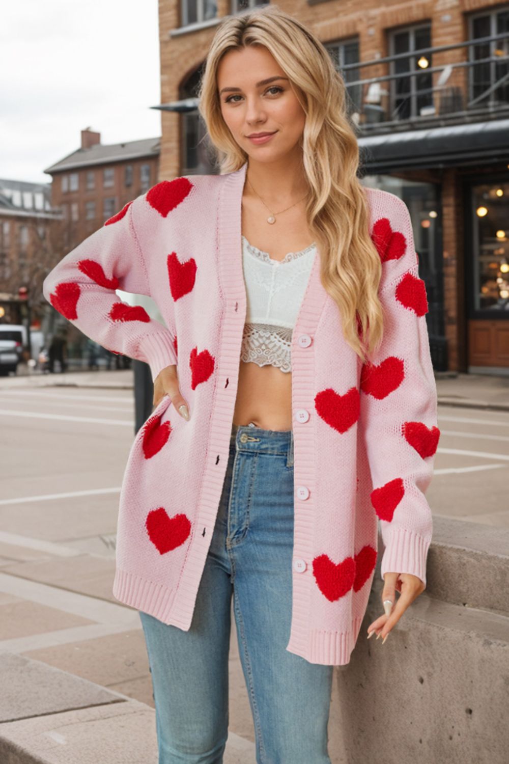 Heart Button Down Long Sleeve Cardigan - ClassiQ