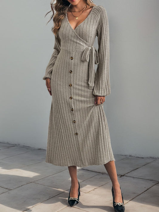 Perfee Ribbed Tied Surplice Long Sleeve Dress - Classique Collection