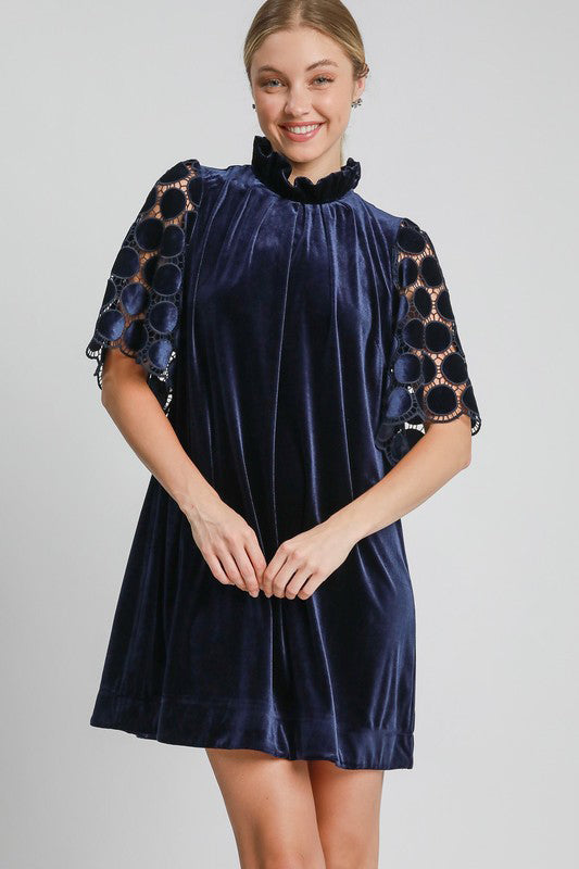 Umgee Dotted Lace Half Sleeve Mock Neck Back Tie Velvet Dress - Classique Collection
