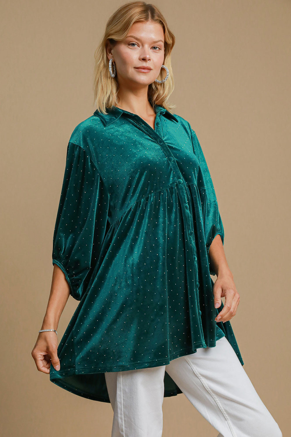 Umgee Full Size Polka Dot Collared Neck Button Up Shirt - Classique Collection