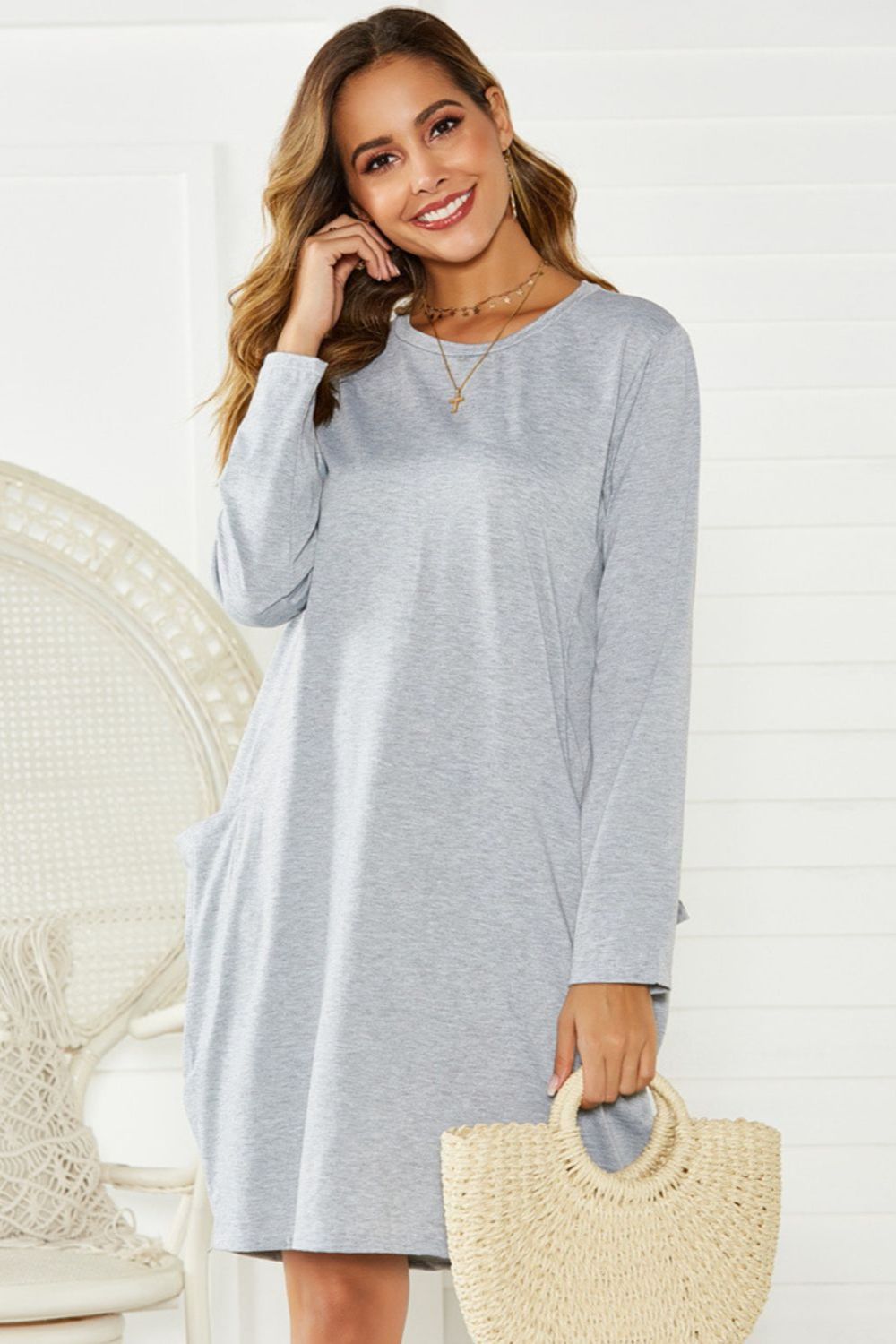 Pocketed Round Neck Long Sleeve Dress - Classique Collection