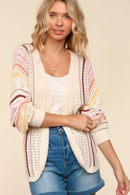 Haptics Full Size Striped Crochet Open Front Cardigan - Classique Collection