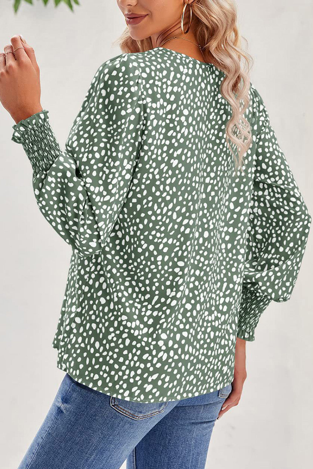 Printed V-Neck Smocked Lantern Sleeve Blouse - Classique Collection