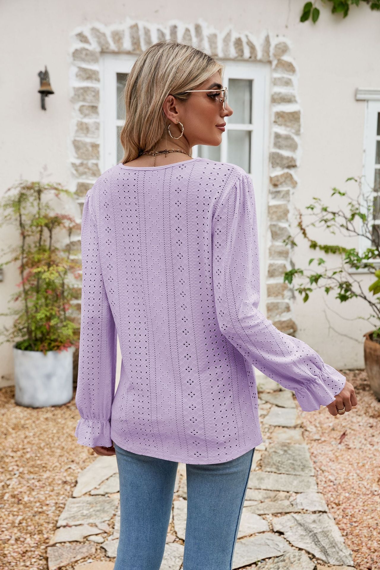 Eyelet Lace Trim Flounce Sleeve Blouse - Classique Collection