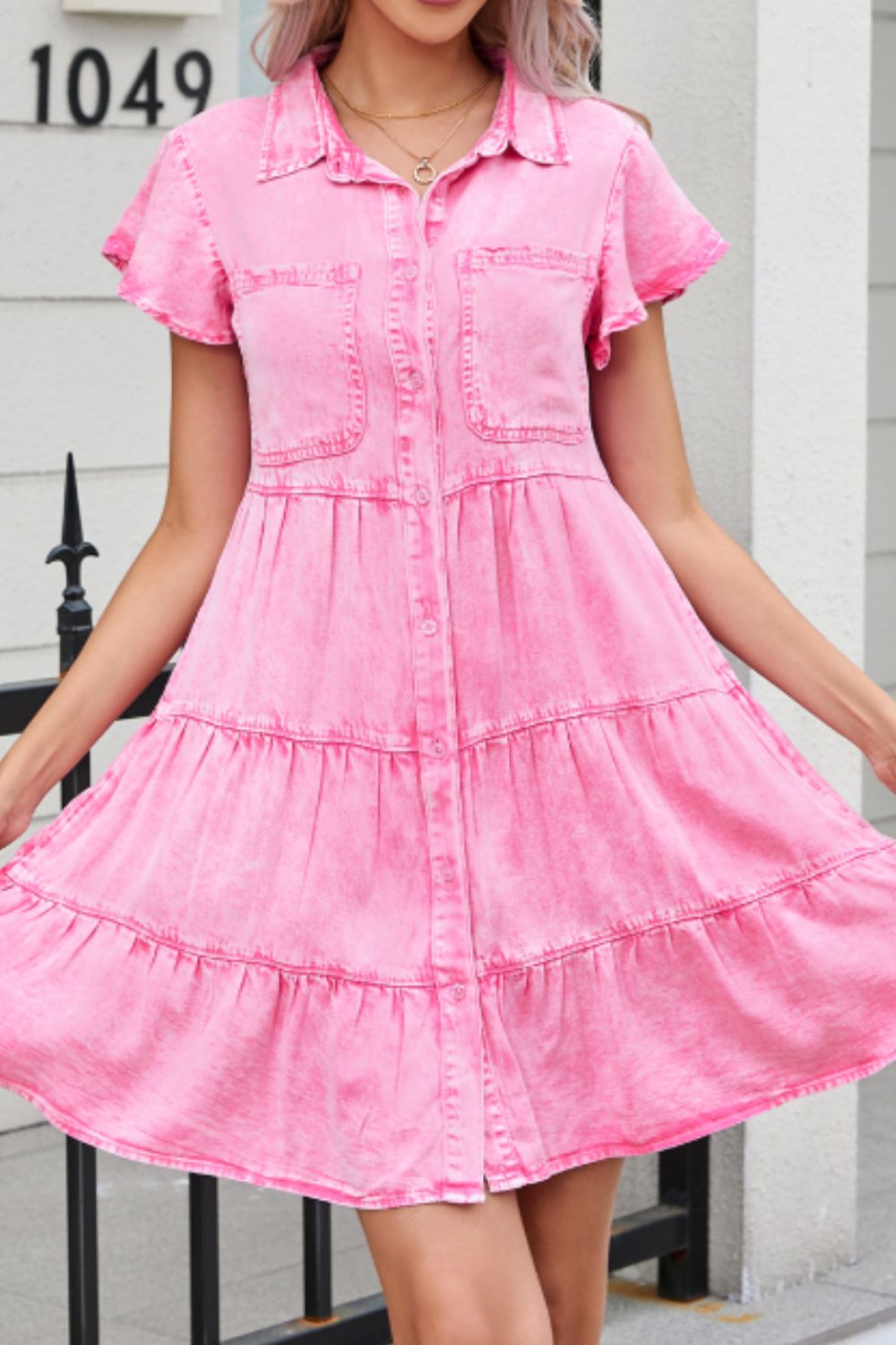 Collared Neck Button Down Mini Denim Dress - Classique Collection