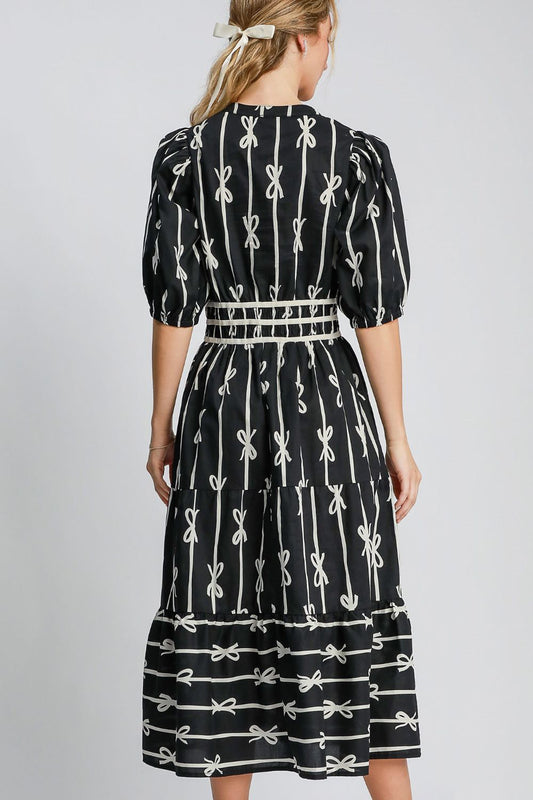 Umgee Bow Tie Print Notched Contrast Velvet Trim Midi Dress - Classique Collection