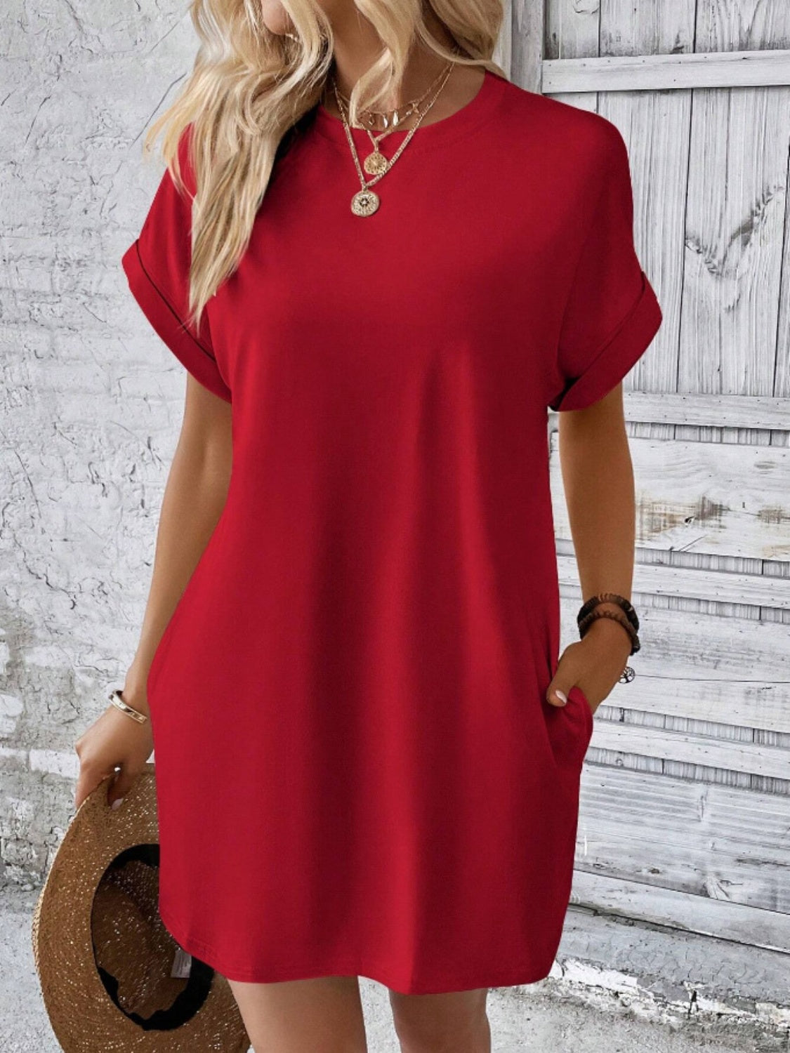 Pocketed Round Neck Short Sleeve Dress - Classique Collection