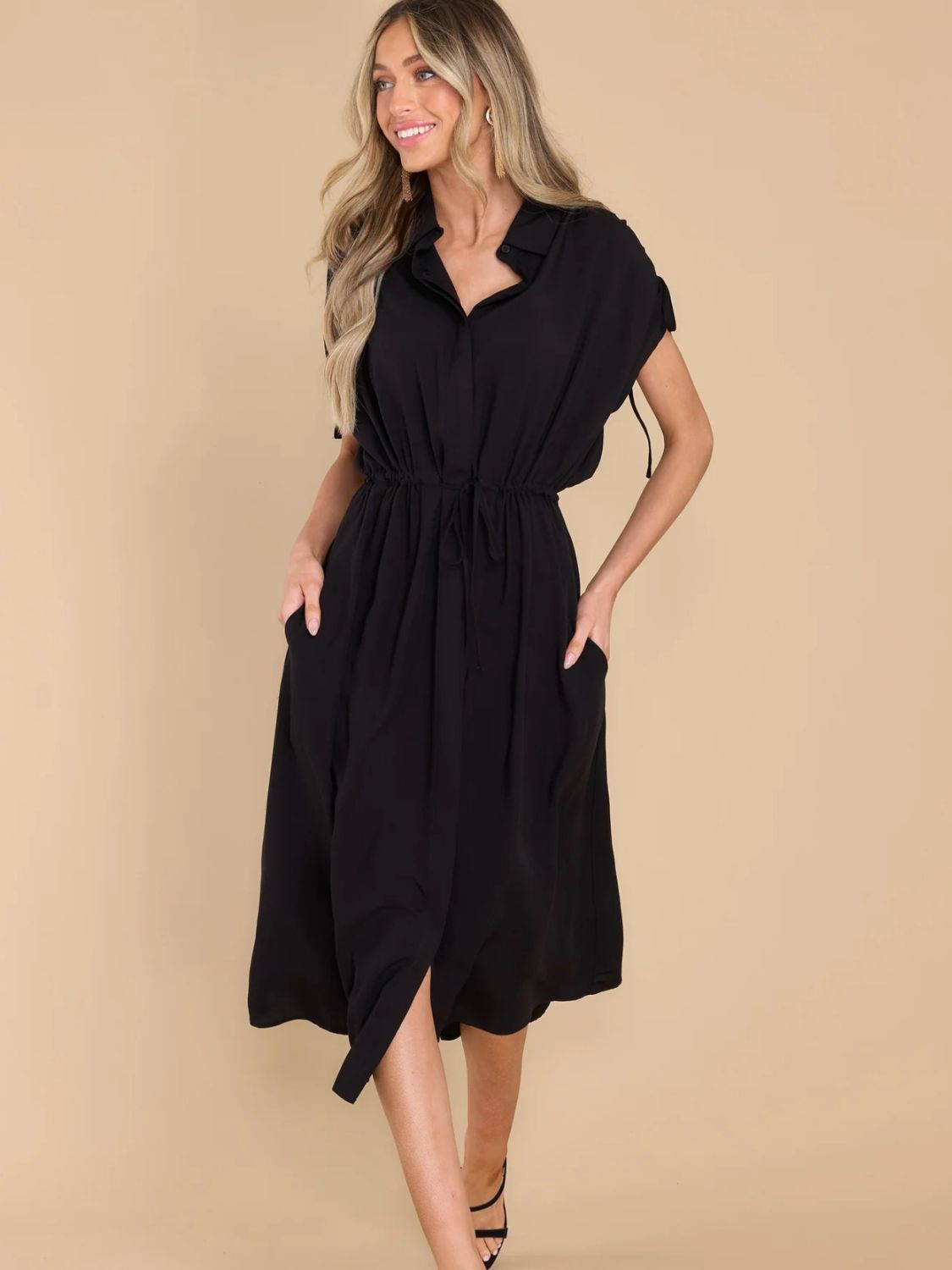 Drawstring Collared Neck Short Sleeve Midi Dress - Classique Collection