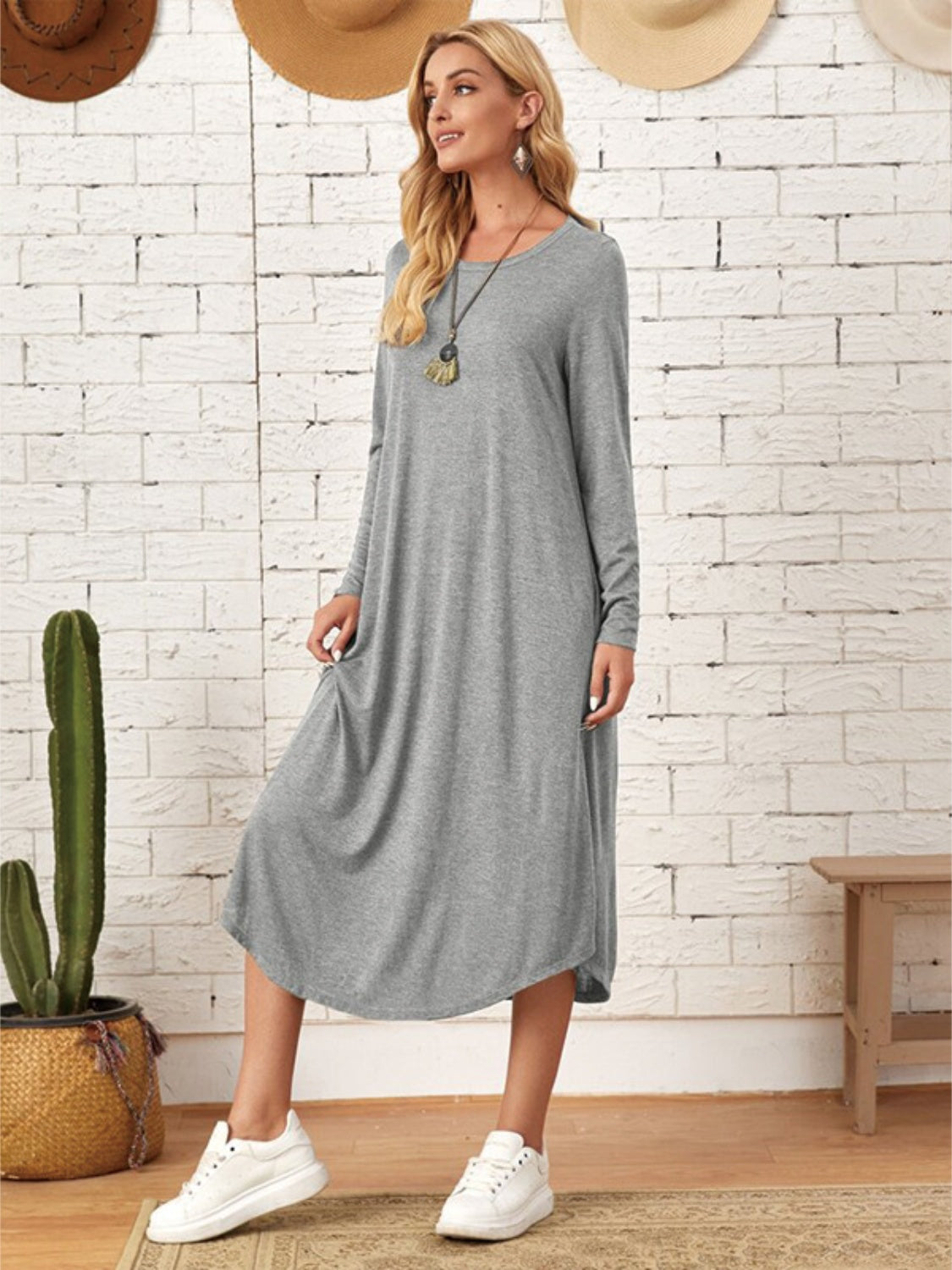 Pocketed Round Neck Long Sleeve Tee Dress - Classique Collection