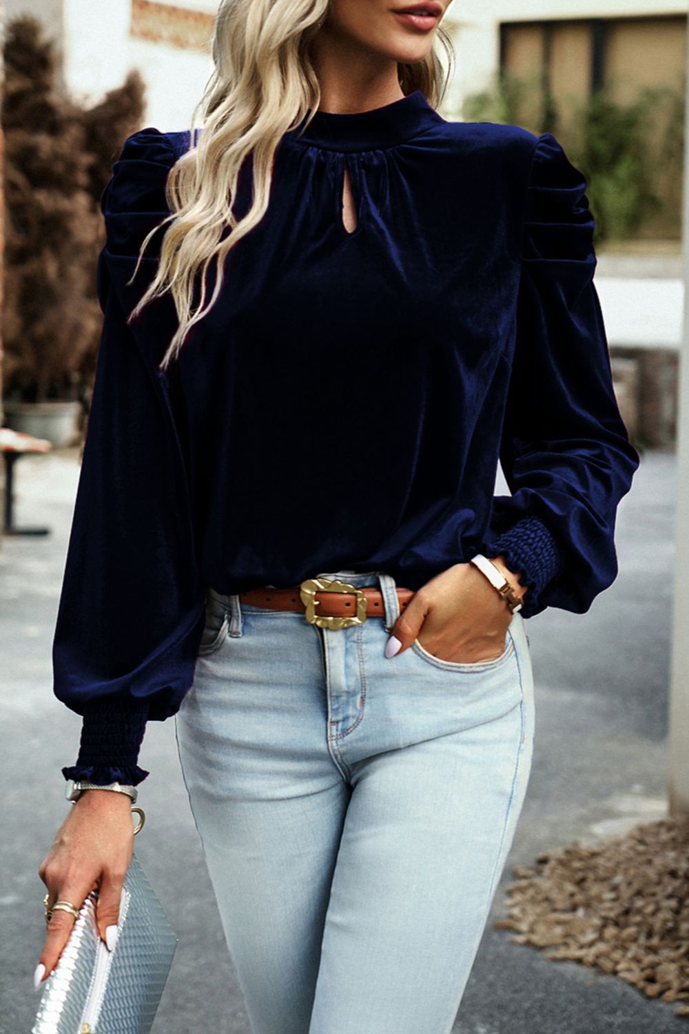 Tie Up Mock Neck Velvet Fabric Long Sleeve Blouse - Classique Collection