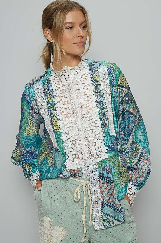 POL Lace Detail Printed Button Down Shirt - Classique Collection