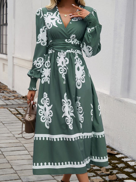 Devine Printed Surplice Lantern Sleeve Midi Dress - Classique Collection