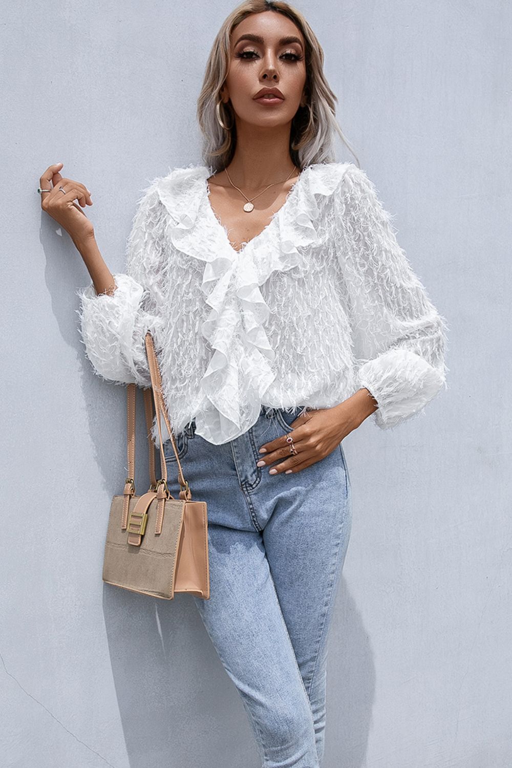 Ivy Lane Ruffle Hem Fringe V-Neck Balloon Sleeve Blouse - Classique Collection