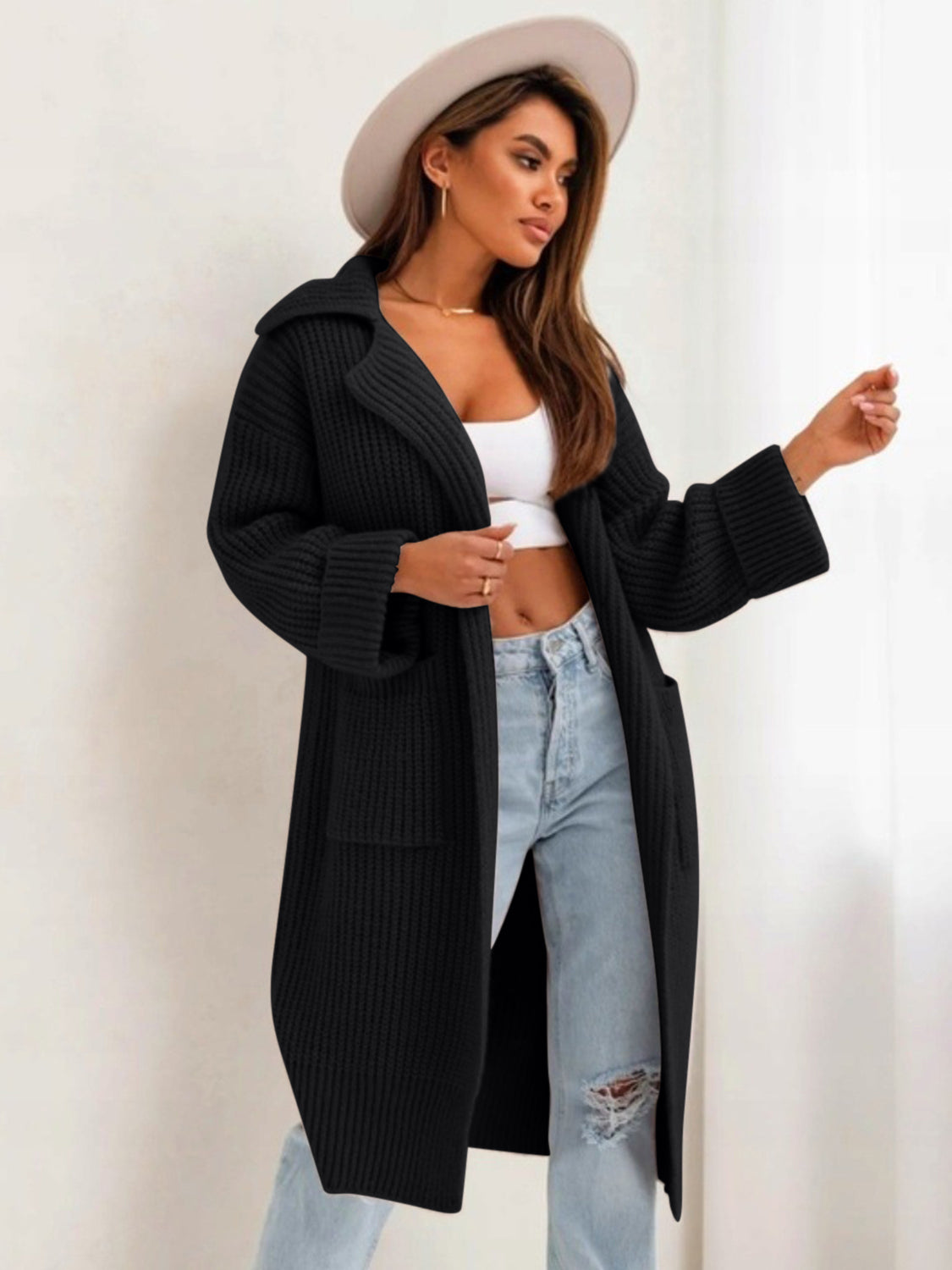 Pocketed Collared Neck Dropped Shoulder Cardigan - ClassiQ