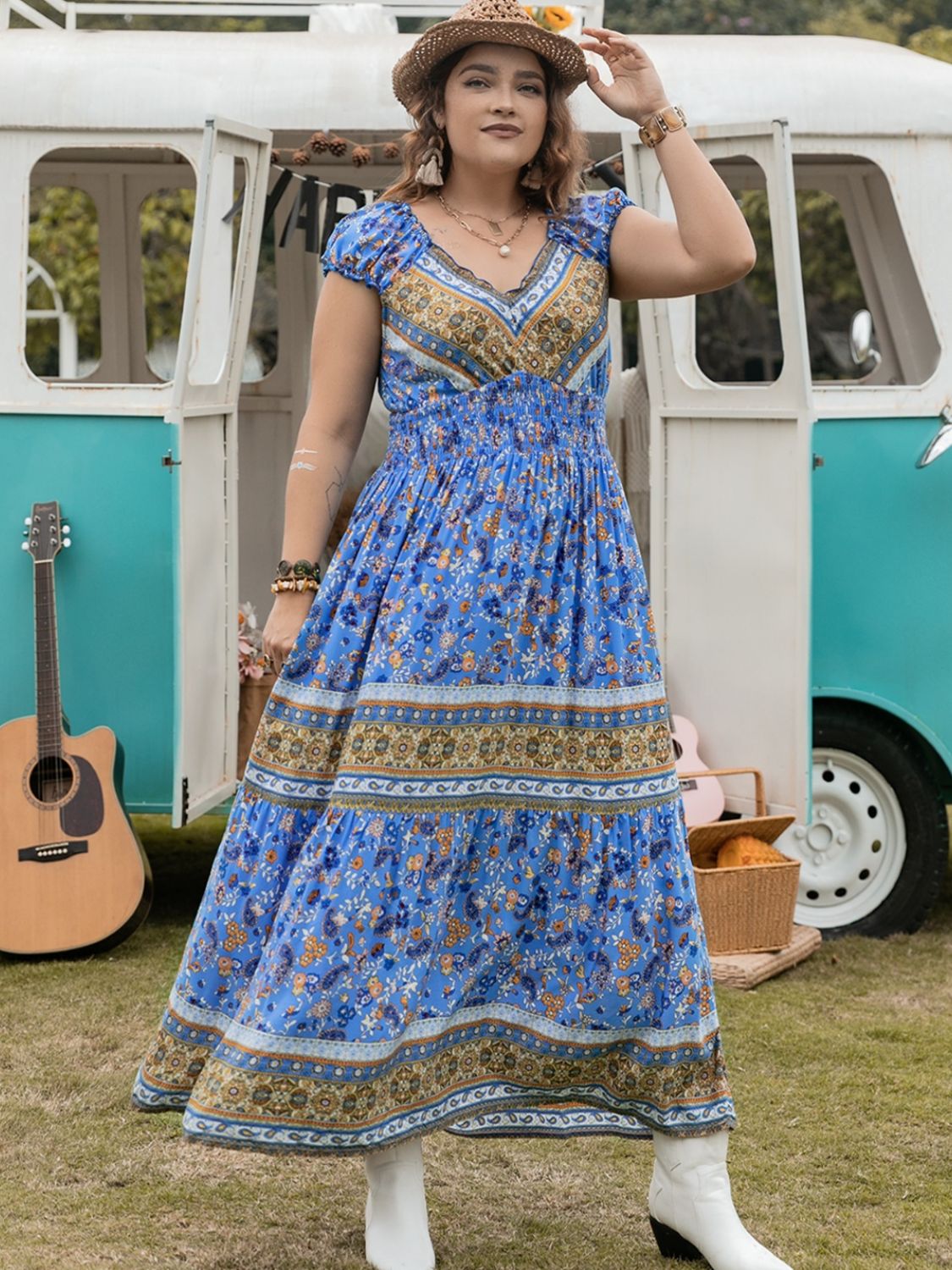 Plus Size Smocked Printed Cap Sleeve Dress - Classique Collection