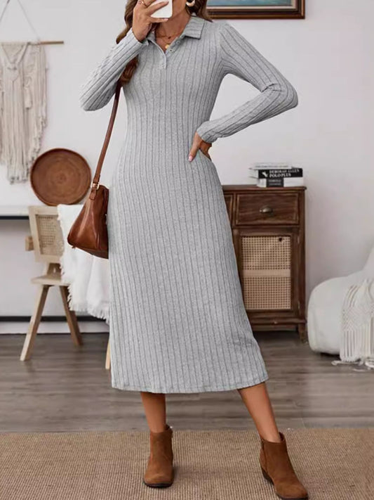 Collared Neck Long Sleeve Midi Dress - Classique Collection
