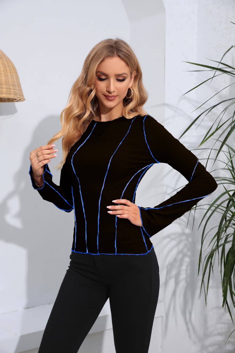 Ribbed Round Neck Long Sleeve Blouse - Classique Collection