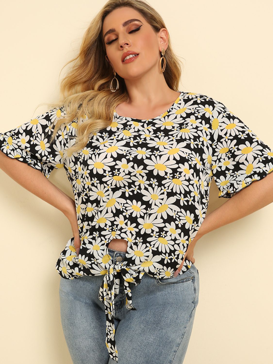 Plus Size Floral Round Neck Tie Hem Blouse - ClassiQ