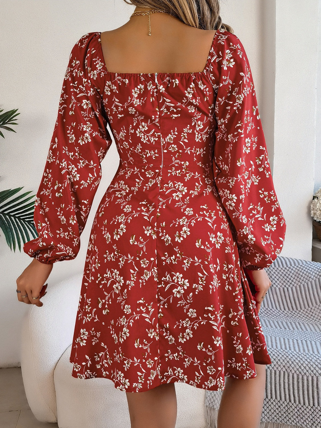 Printed Sweetheart Neck Balloon Sleeve Mini Dress - Classique Collection