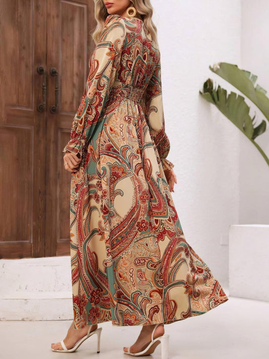 Smocked Printed V-Neck Flounce Sleeve Dress - Classique Collection